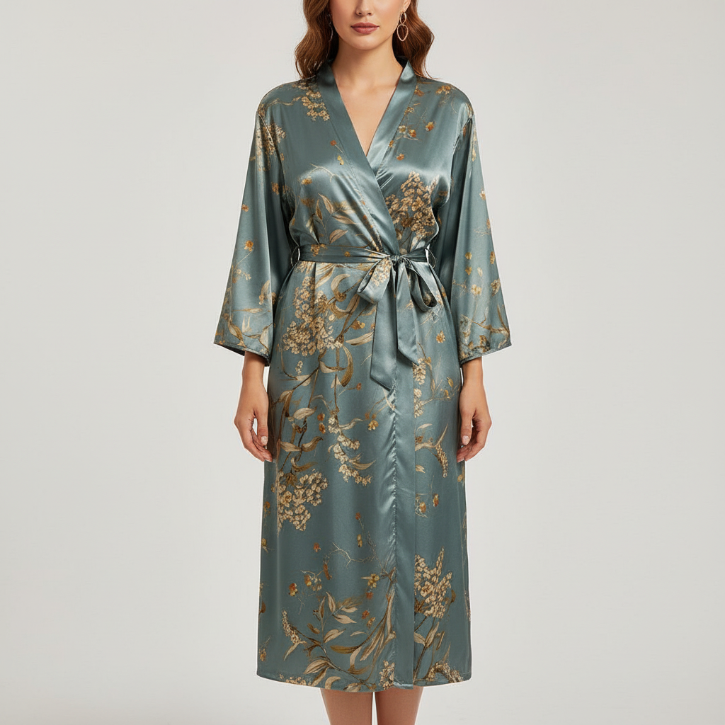 Nahaufnahme des exklusiven Druckdesigns auf dem weichen Lara Satin Bademantel. Eleganter Damen Morgenmantel.