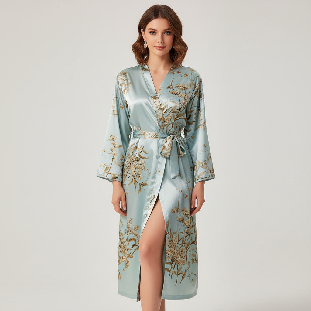 Hochwertiger Lara Satin Morgenmantel für Damen. Eleganter Bademantel mit modernem Druckdesign, ideal zum Wohlfühlen.