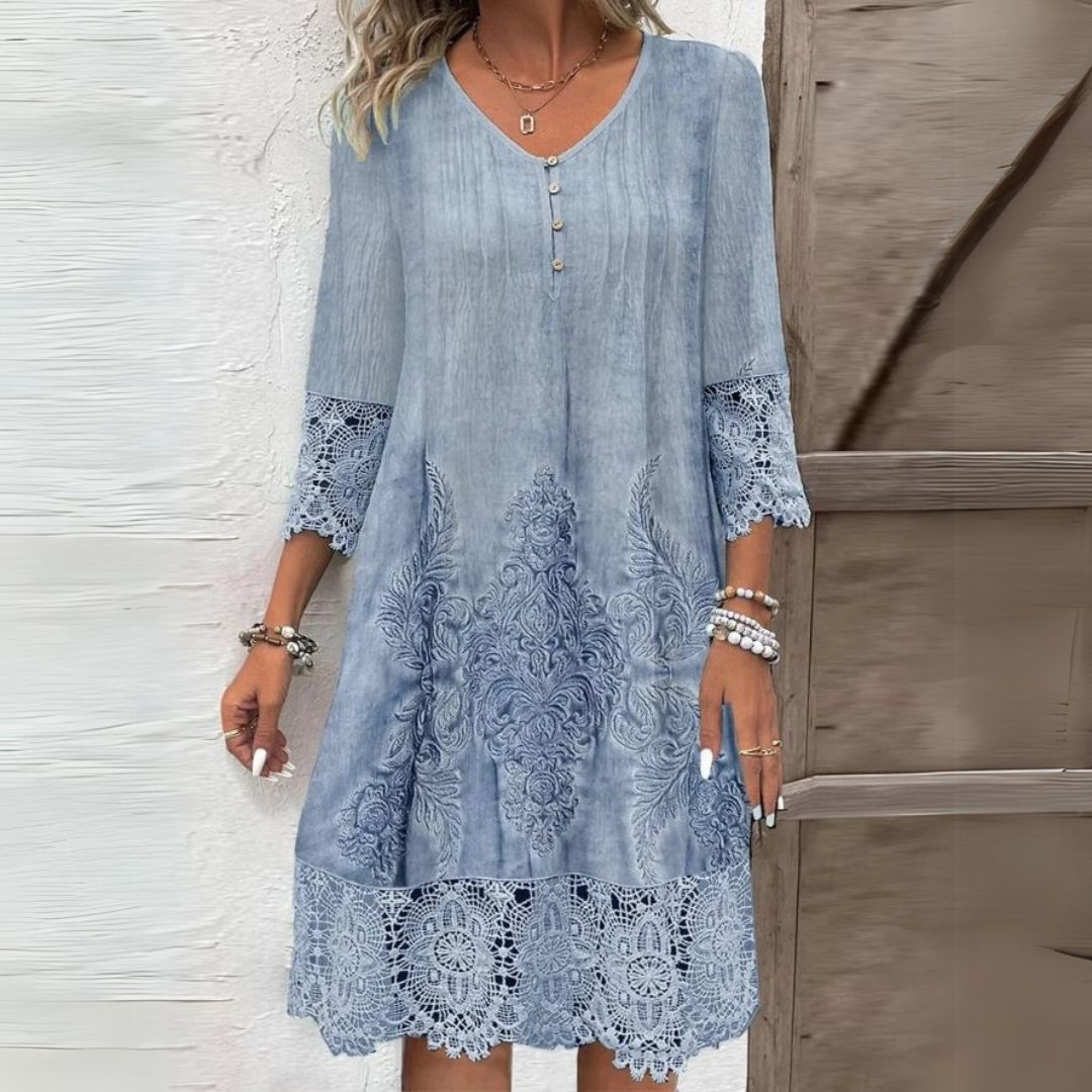 Elegantes Damen Blumen-Midikleid, luftig und fließend, ideal als Sommer- oder Partykleid für feminine Eleganz.