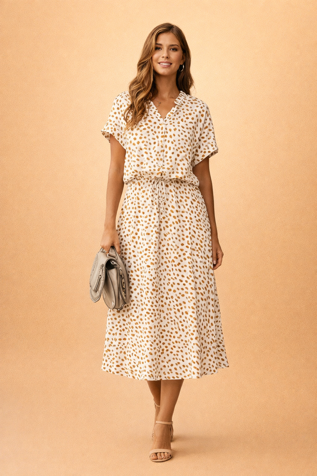 Damen Boho-Midikleid mit Punktmuster, elegant und fließend für Sommer-Outfits.