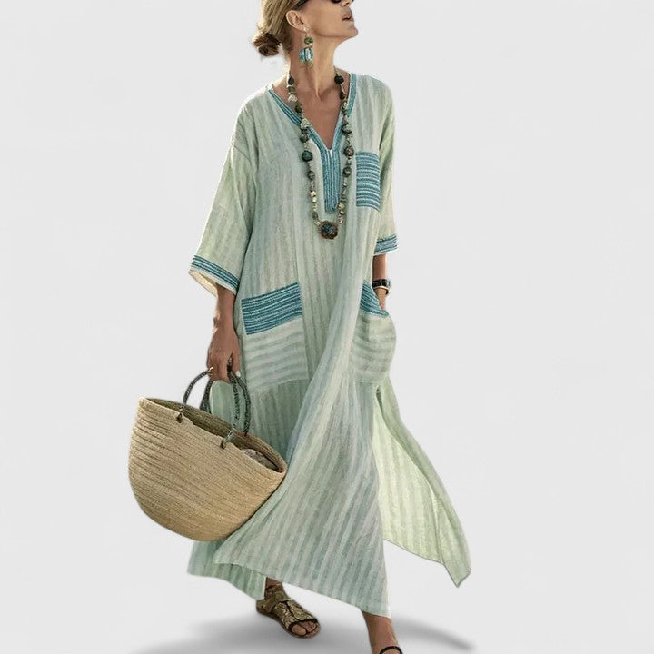 Elegantes Damen Boho Maxikleid mit V-Ausschnitt, luftig & komfortabel für Sommer und Freizeit.