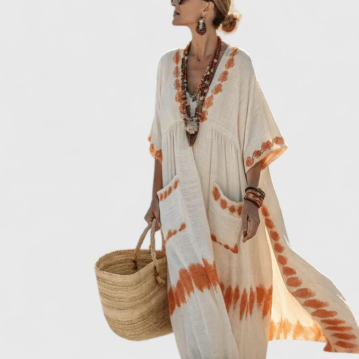 Vielseitiges Damen Freizeitkleid, langes Boho-Modell, elegant und komfortabel mit V-Ausschnitt.