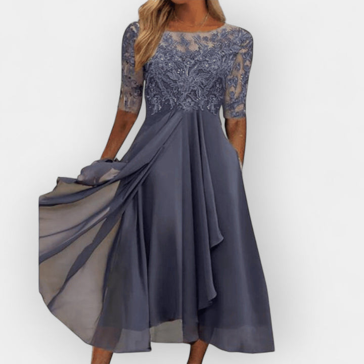 Festliches Damenkleid in A-Linie, knielang. Elegantes Midikleid für Hochzeitsgäste und besondere Anlässe.