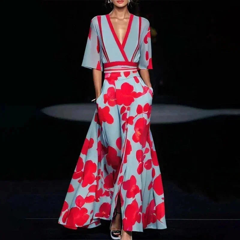 Elegantes Damen Blumenkleid mit V-Ausschnitt, perfekt für Sommer und festliche Anlässe. Langes Maxikleid mit floralem Muster.