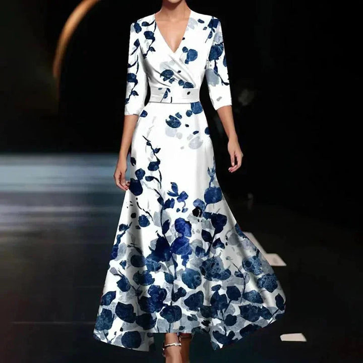 A-Linien Damen Blumenkleid, langes Sommerkleid mit V-Ausschnitt, perfekt für elegante Anlässe und als Hochzeitsgastkleid.