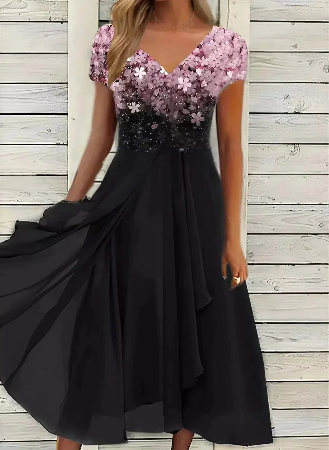 Elegantes Damenkleid: Midi-Cocktailkleid mit blumigem V-Ausschnitt Oberteil. Perfekt für festliche Abende.