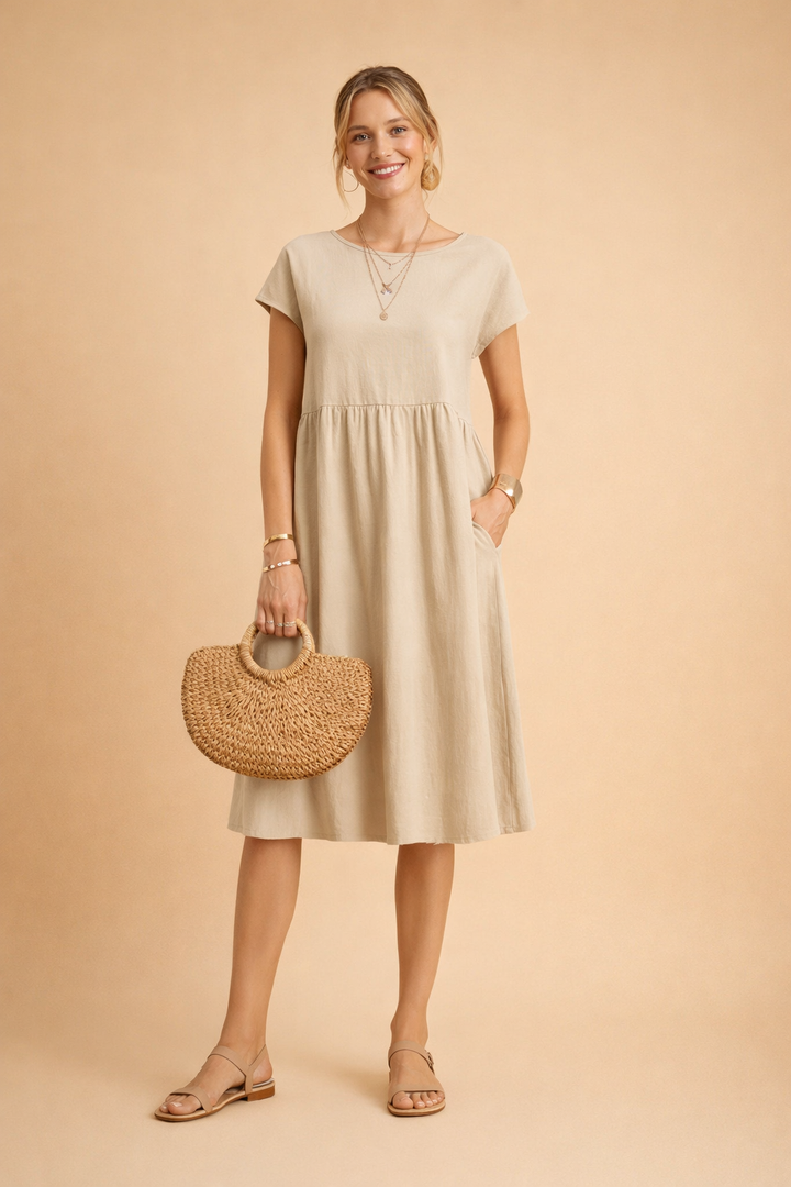 Elegantes Midi-Sommerkleid für Damen, locker geschnitten, ideal für warme Tage und Freizeit.