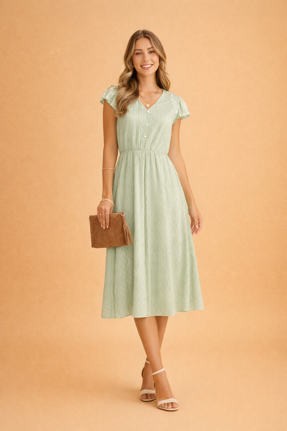 Feminines Midi-Sommerkleid für Damen mit tiefem V-Ausschnitt und verspielten Rüschenärmeln. Perfekt für Events.