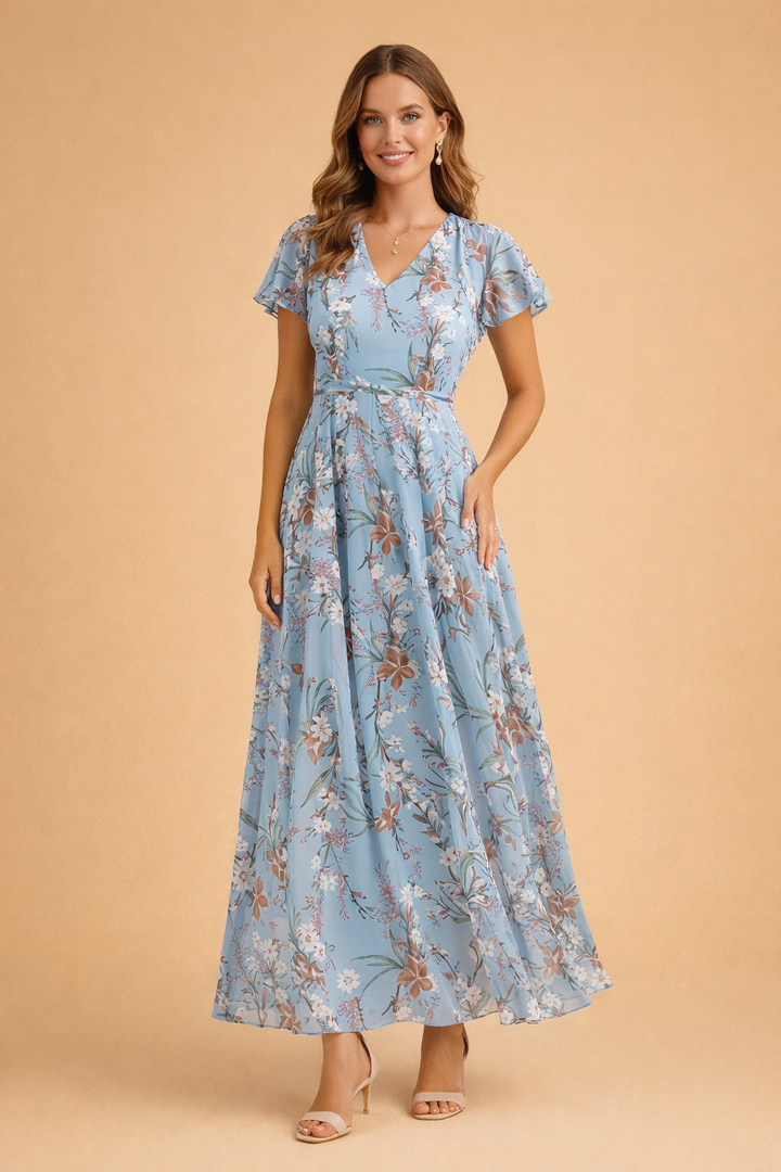 Feminines Damen Midikleid mit elegantem Blumenmuster. Perfekt als Sommerkleid für stilvolle Freizeit-Anlässe.