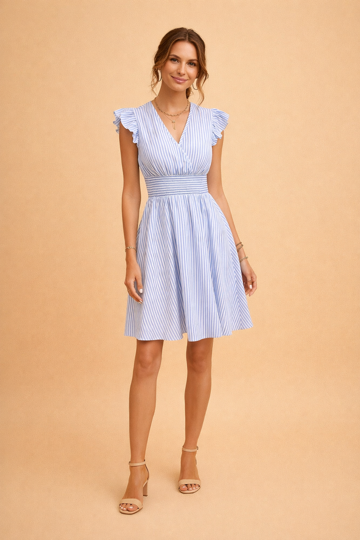 Vielseitiges Damen-Sommerkleid, gestreiftes Midi-Kleid mit elegantem V-Ausschnitt, ideal als Freizeit- oder Strandkleid.