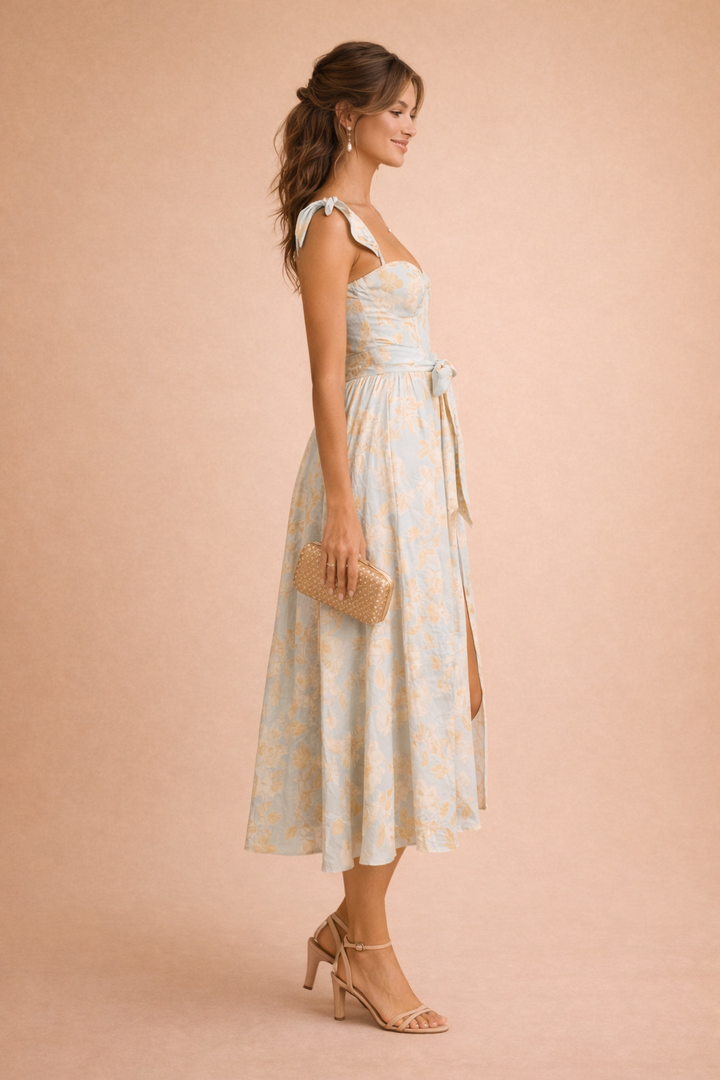 Damen Langes Kleid mit Rüschensaum & ansprechendem Blumenmuster. Festliches Maxikleid für elegante Frauenmode.