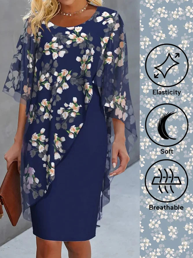 Elegantes Damen Blumenkleid mit Cape-Ärmeln, perfekt als festliches Maxikleid für Hochzeiten und Partys.