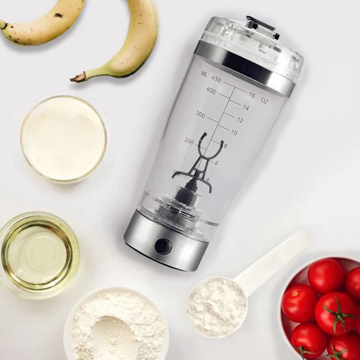 BPA-freier elektrischer Proteinshaker 450ml mit USB-Ladefunktion, sorgt für klumpenfreie Proteinshakes beim Sport.