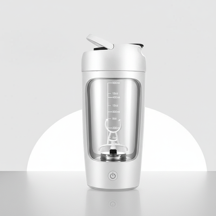 Kraftvoller elektrischer Trinkmixer ShakePulse für klumpenfreie Proteinshakes, BPA-frei & wiederaufladbar, Fitness & Küche.