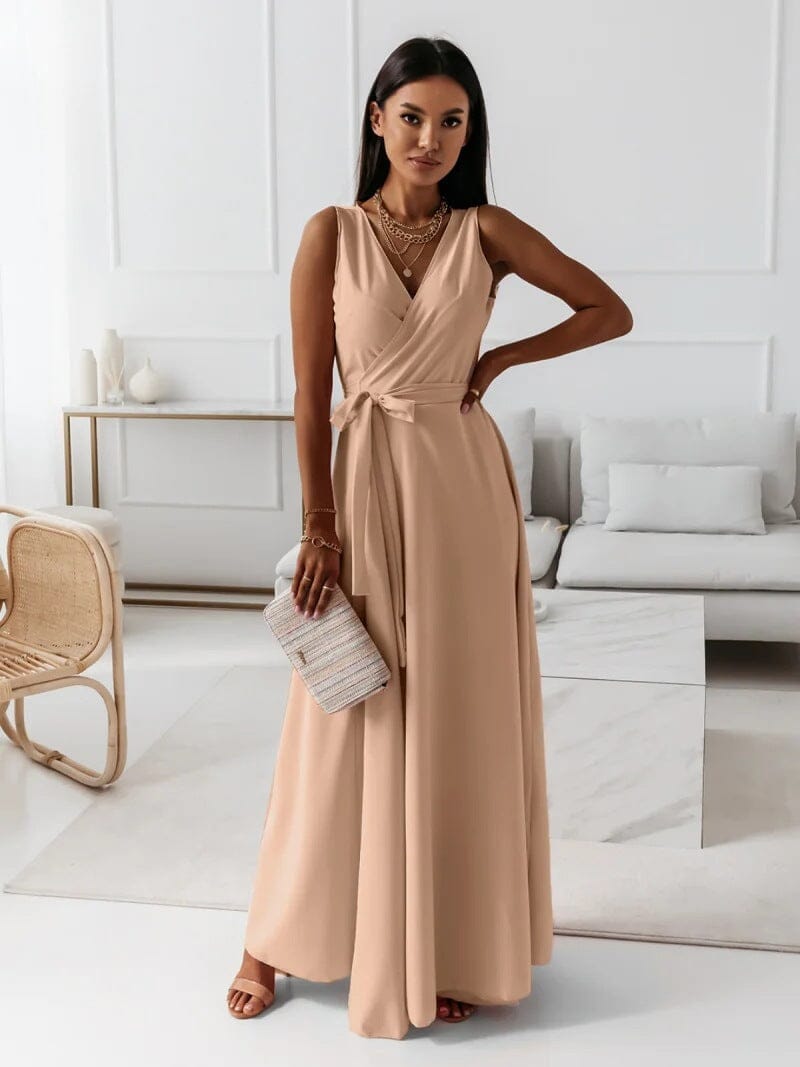 Modernes Damen Sommerkleid mit V-Ausschnitt; langes Freizeitkleid für entspannte Tage und den Stadtbummel.