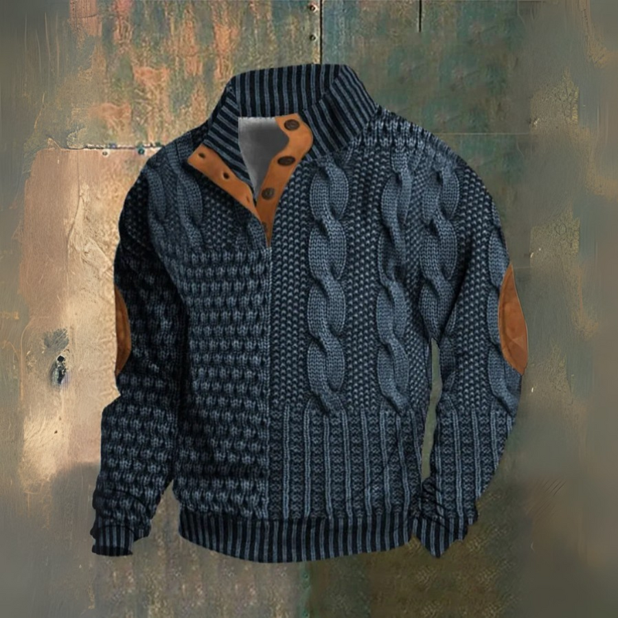 Warmer Herren Strickpullover mit einzigartigem Patchwork & klassischem Zopfmuster, Langarm.
