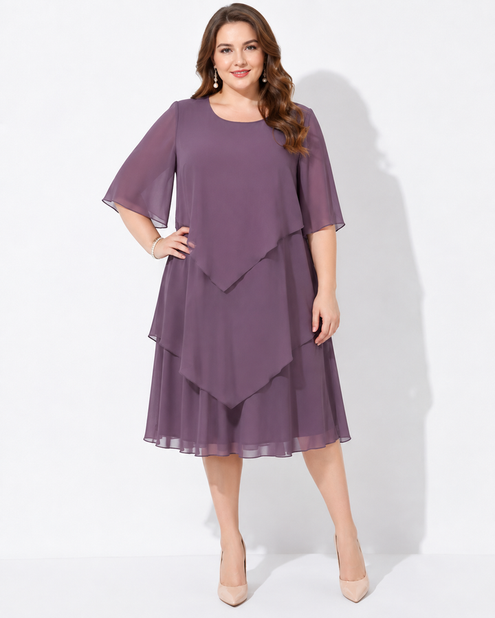 Stilvolles, fließendes Damenkleid Enedina, midi-Länge, für besondere Anlässe und Abendveranstaltungen.