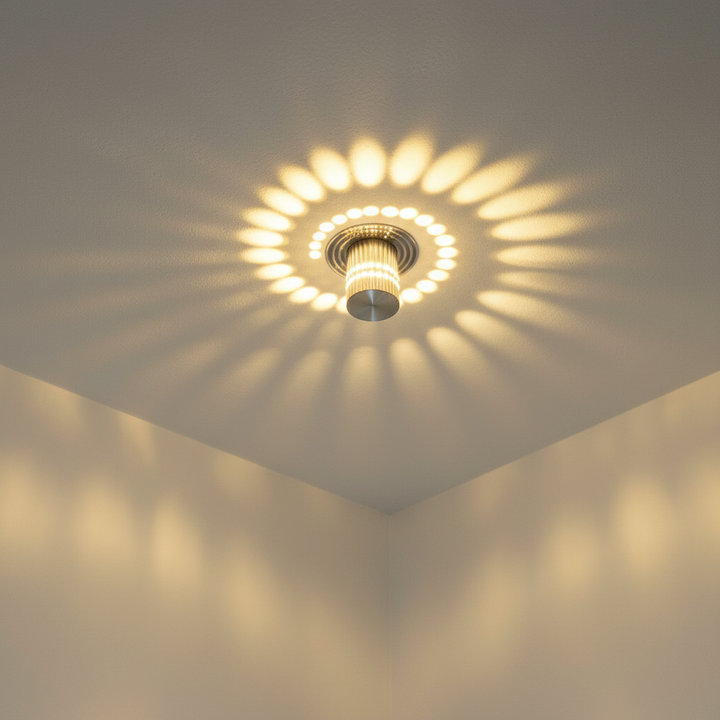Designer LED-Wandleuchte Spiralyze mit einzigartigem Spiralmuster; energieeffiziente Ambientebeleuchtung.