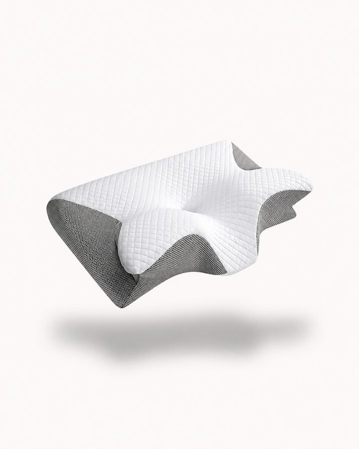 Ergonomisches Nackenkissen mit Memory Schaum unterstützt Nacken & Wirbelsäule für gesunden, schmerzfreien Schlaf.