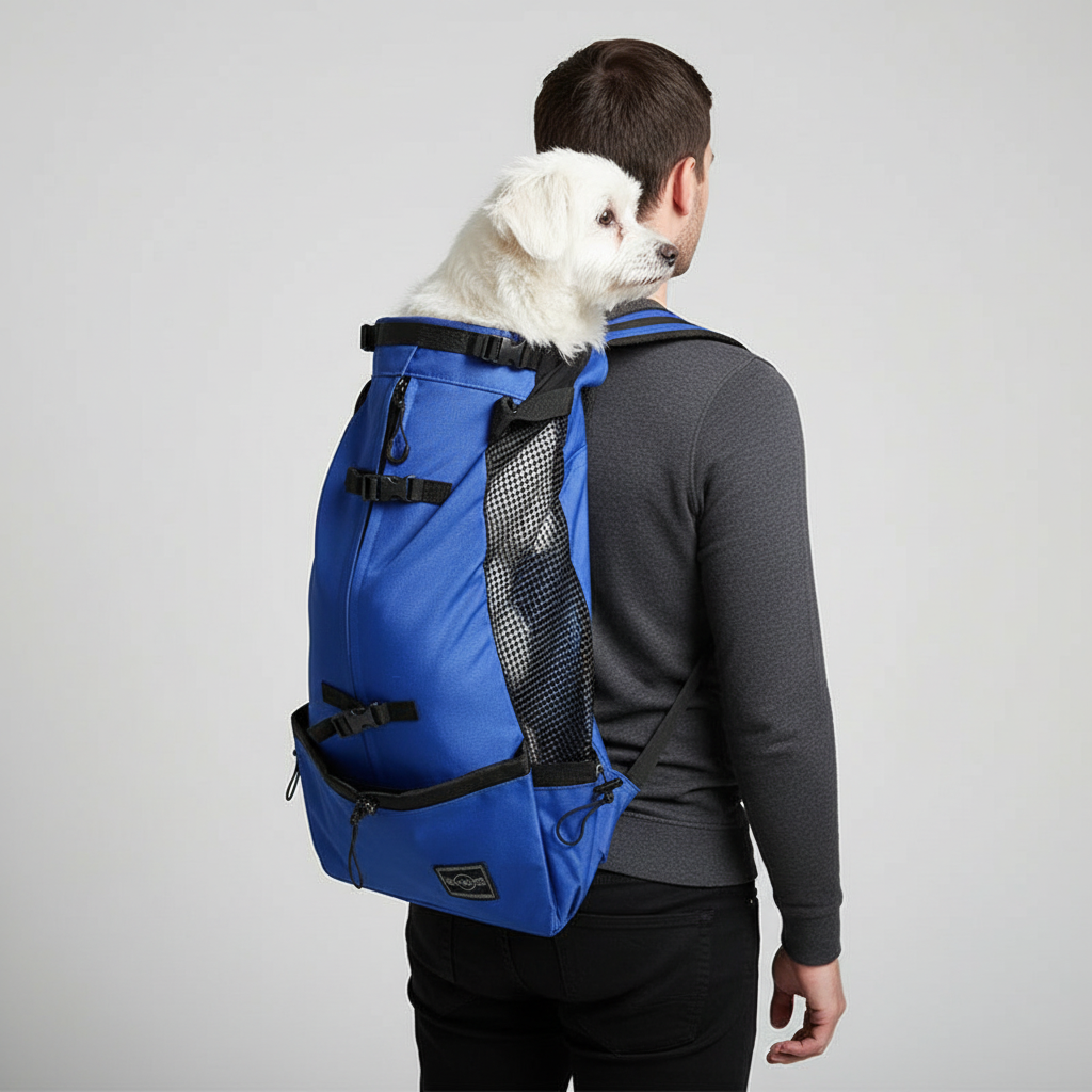Glücklicher Hund blickt aus dem bequemen CompanionPack Hundetrage Rucksack. Sicherer Transport für Spaziergänge.