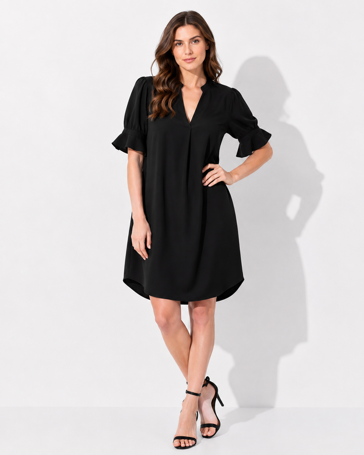 Elegantes Damenkleid für Sommer & Abend. Vielseitiges Freizeit- oder festliches Kurzarmkleid mit V-Ausschnitt.