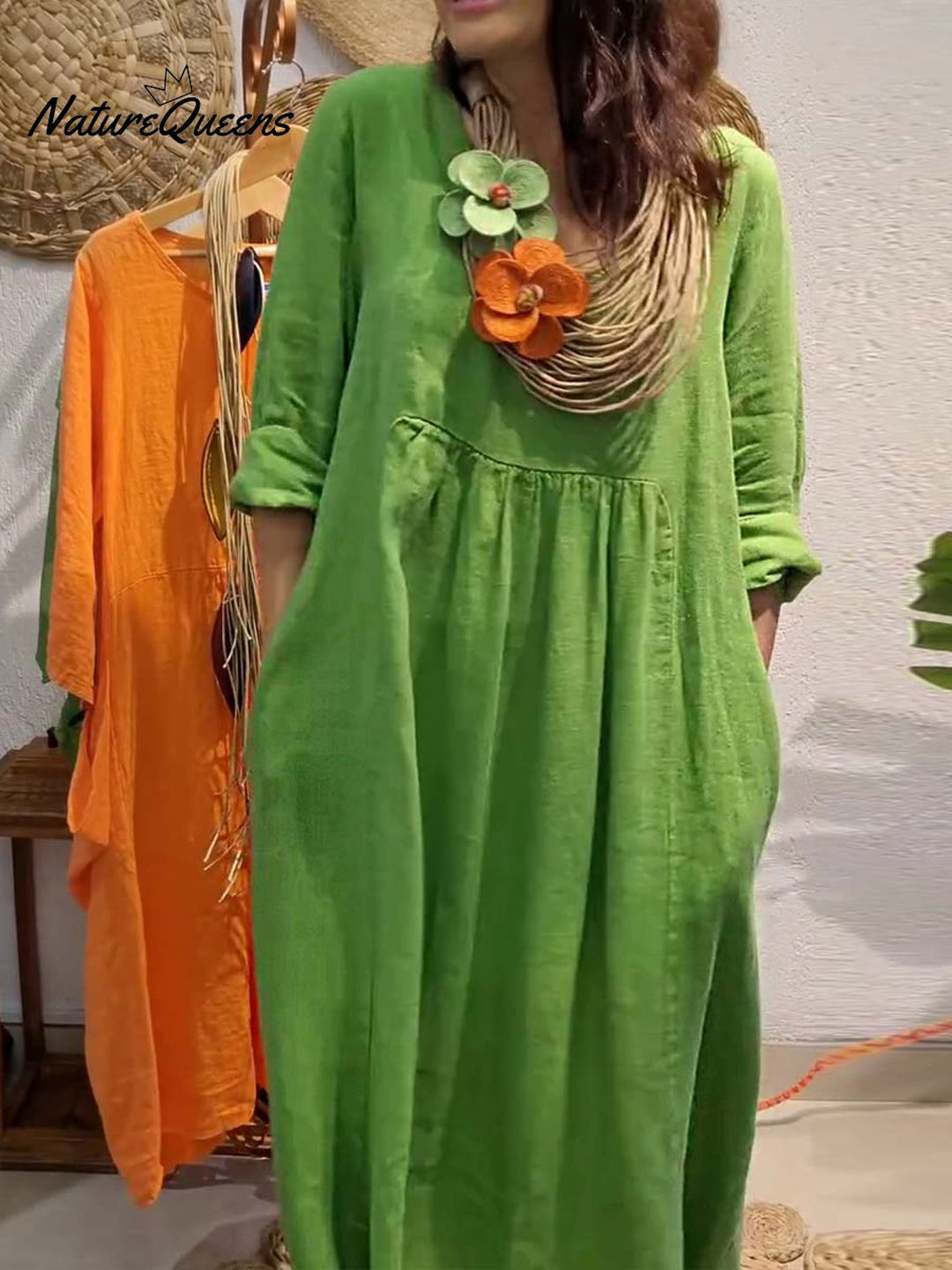Elegantes Damen Sommer Maxikleid mit V-Ausschnitt & 3/4 Ärmeln. Perfekt für Freizeit, Strand & Urlaub.