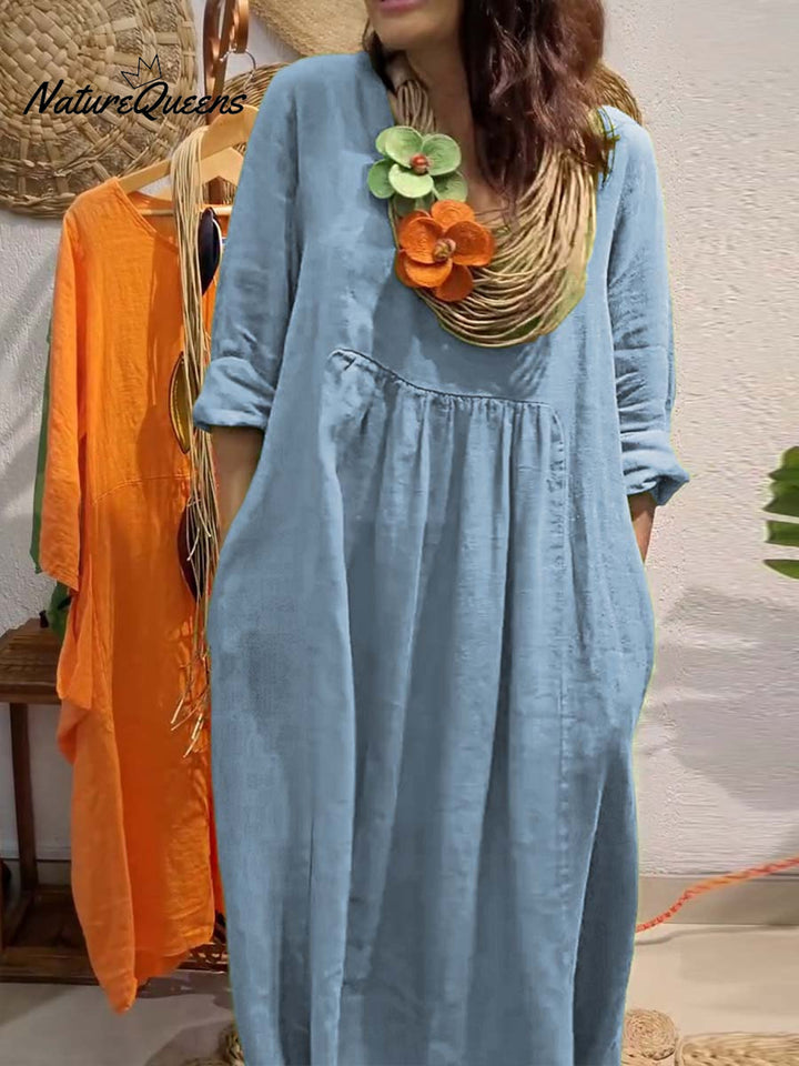 Stilvolles Strand- & Urlaubskleid für Damen: Elegantes Sommer Maxikleid mit V-Ausschnitt und 3/4 Ärmeln.