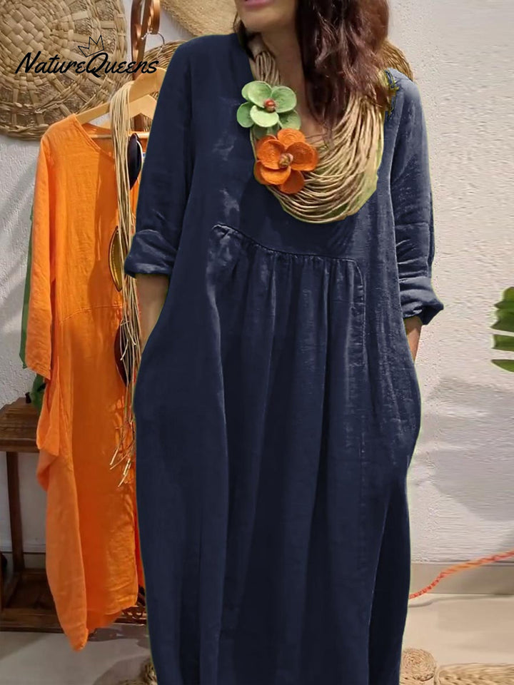 Damen Maxikleid mit V-Ausschnitt und 3/4 Ärmeln. Elegant & komfortabel – das ideale Sommerkleid.