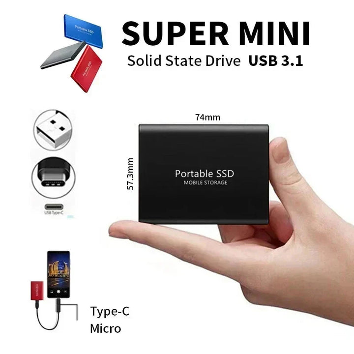 Ansicht der schnellen StorePro externen SSD mit 128 TB Speicherkapazität, bereit für große Datenmengen.