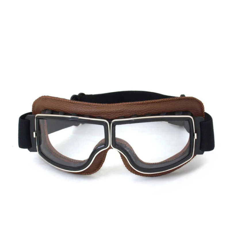 Klassische Motorradbrille aus echtem Leder, schwarz. Robuste Fahrerbrille für Motorradfahrer und Outdoor-Aktivitäten.