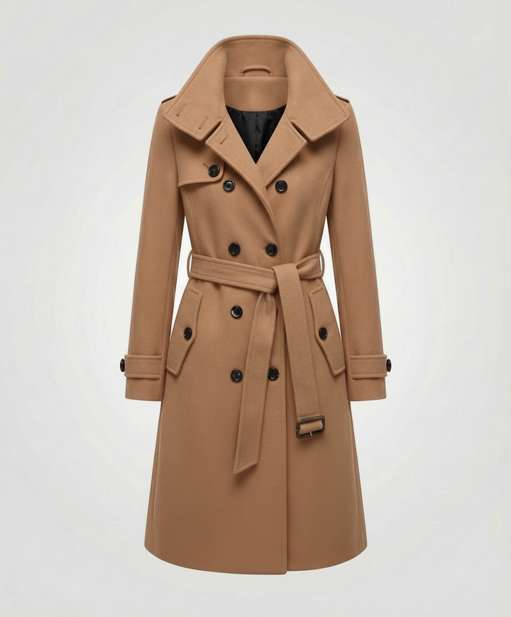 Detailansicht des Gürtels am eleganten, doppelreihigen Damen Trenchcoat. Stilvolles Accessoire.