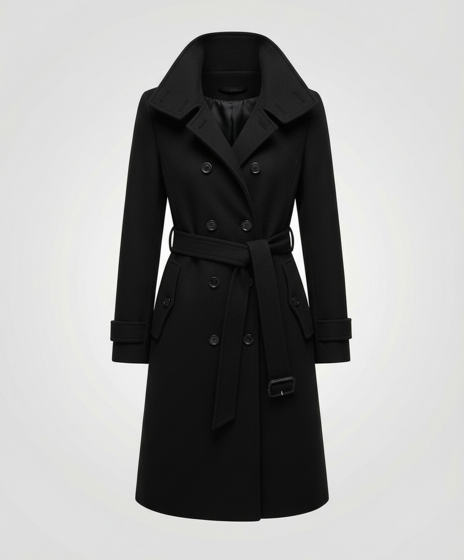 Schicker Damen Doppelreiher-Mantel in Midilänge mit Taillengürtel. Eleganter Look für den Alltag.