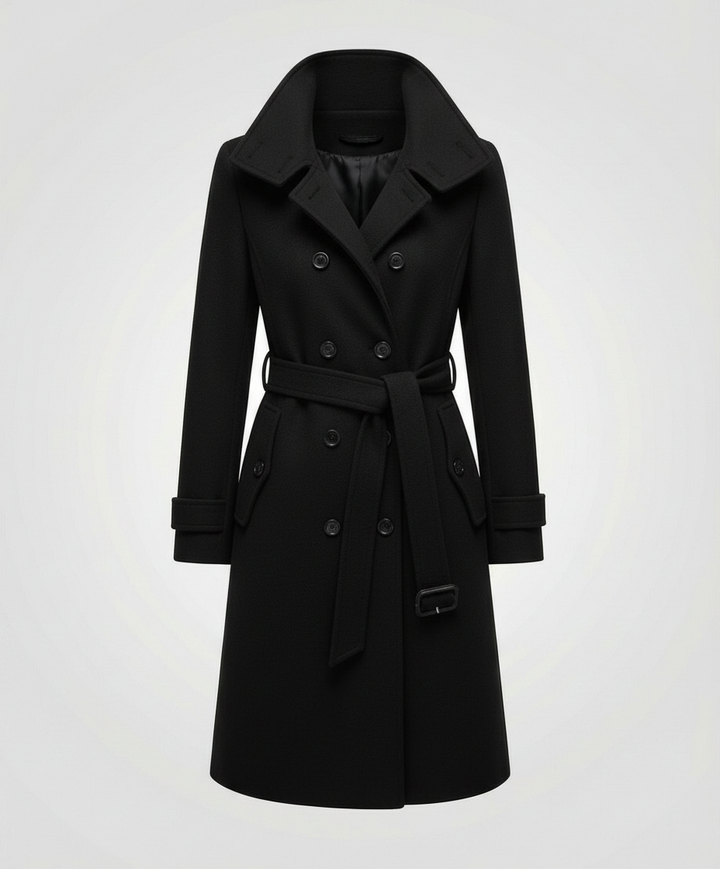 Schicker Damen Doppelreiher-Mantel in Midilänge mit Taillengürtel. Eleganter Look für den Alltag.