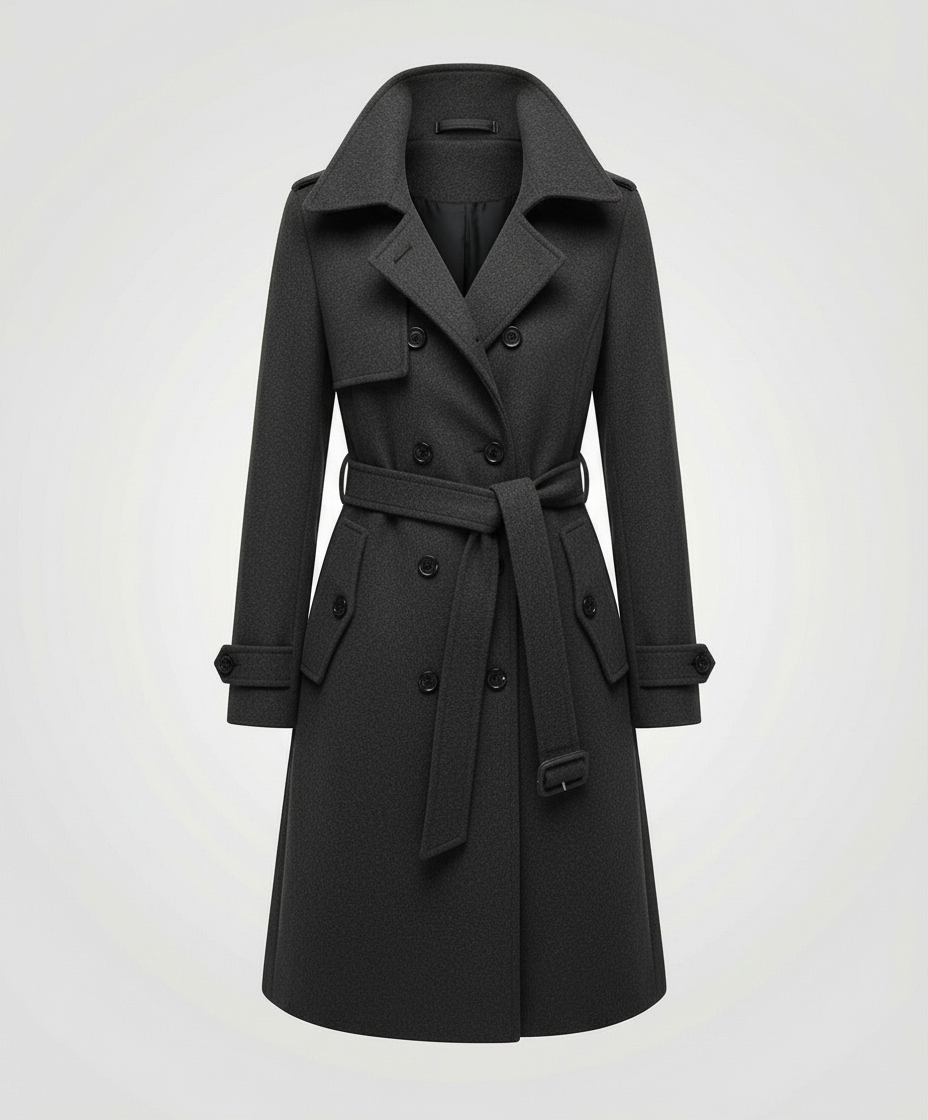 Ganzer Körper: Klassischer Damen Trenchcoat mit Gürtel, doppelreihig. Perfekt sitzender Herbstmantel.
