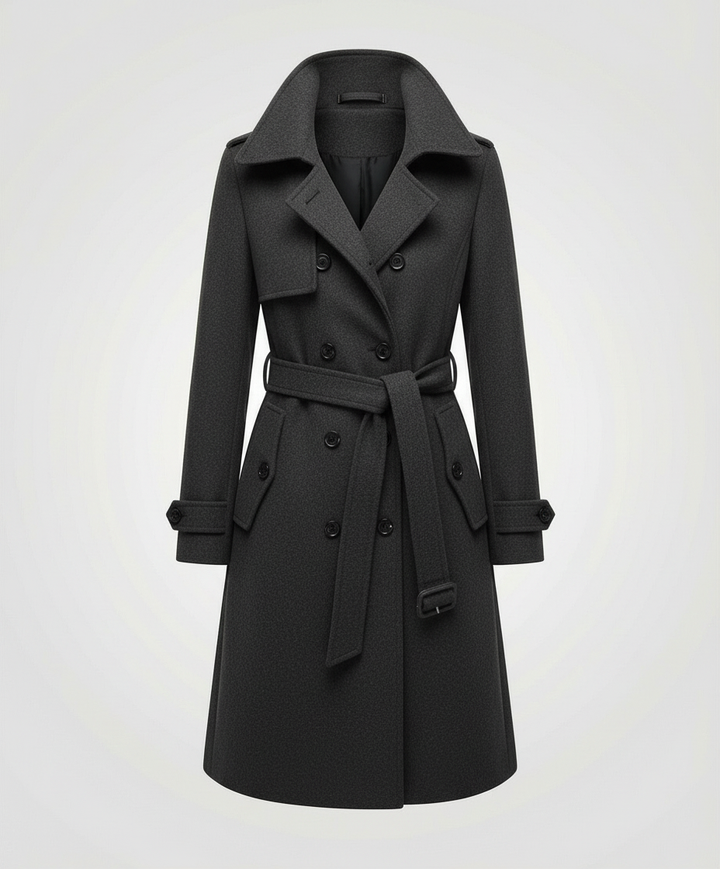 Ganzer Körper: Klassischer Damen Trenchcoat mit Gürtel, doppelreihig. Perfekt sitzender Herbstmantel.