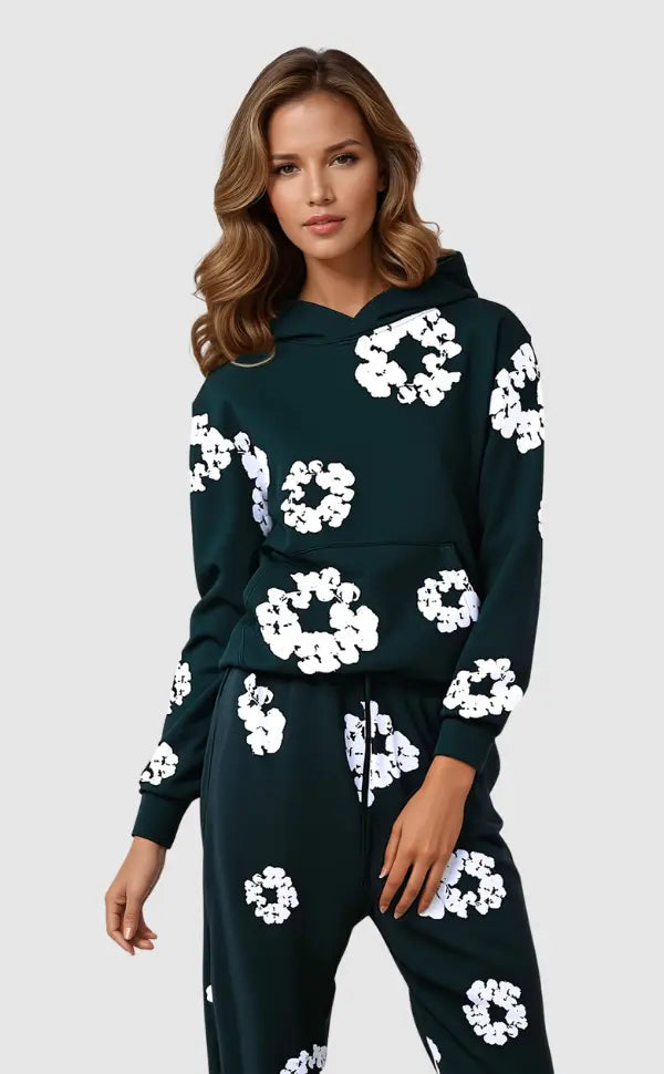 Damen Hoodie mit buntem Blumenmuster für lässigen Freizeit-Look, bequem und stilvoll.