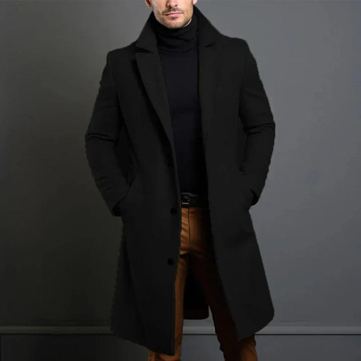 Eleganter Herren Trenchcoat, lang, klassisch, für Business & Freizeit. Zeitloser Herrenmantel in Schwarz.