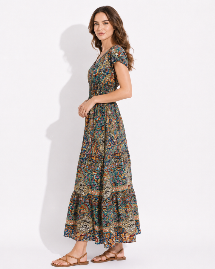 Buntes Damen A-Linien Midi Sommerkleid mit Paisley-Muster, Kurzarm und V-Ausschnitt. Ideal als Strand- oder Freizeitkleid.