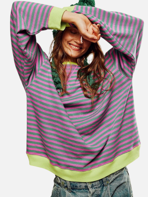 Damen Oversized Sweatshirt, bunt gestreift, Rundhals, weich & lässig für Freizeit & Streetwear.
