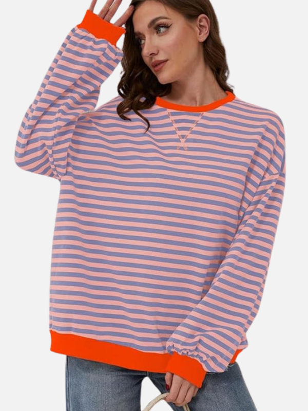Modisches Damen Streetwear-Sweatshirt, gestreiftes Muster, oversized Schnitt, farbenfroh & trendy.