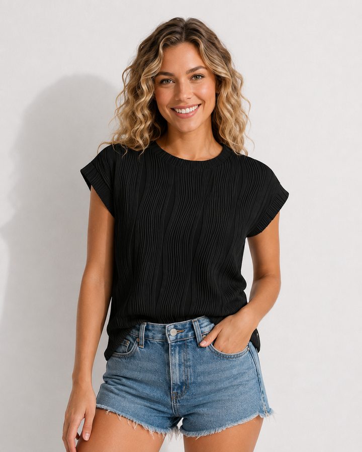 Stylisches Damen T-Shirt in Jacquard-Optik mit floraler Spitze, ideal für Freizeit & Sommer.