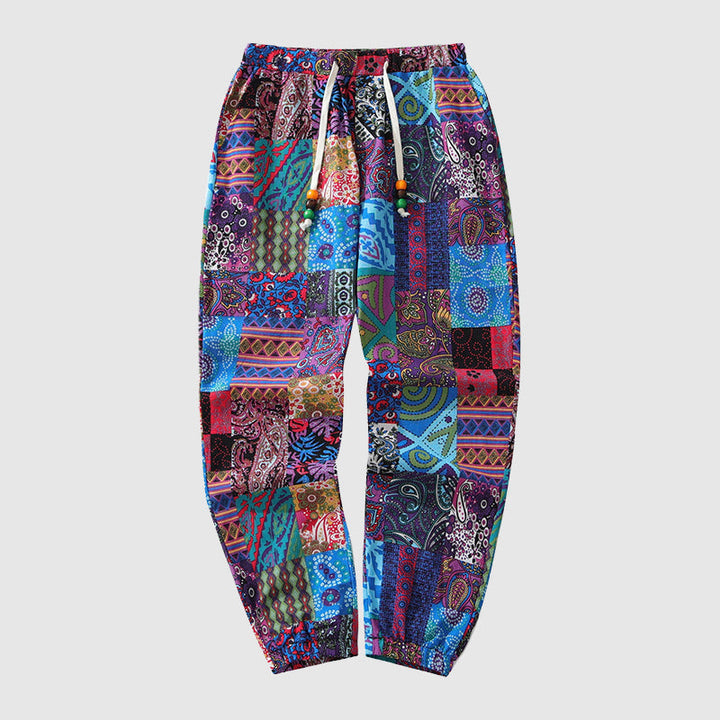 Herren Patchwork-Hose aus Baumwolle mit elastischem Bund & Kordelzug in Lila, Blau, Braun; trendige Freizeithose.