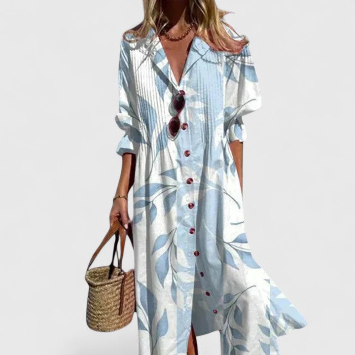 Detailaufnahme des floralen Musters auf dem vielseitigen Damen Midi Kleid. Farbenfrohes Blumenkleid.