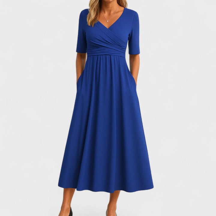Vielseitiges Damen Midi Wickelkleid mit V-Ausschnitt, Taschen und Halbarm. Bequemes Freizeitkleid, perfekt für Alltag & Komfort.