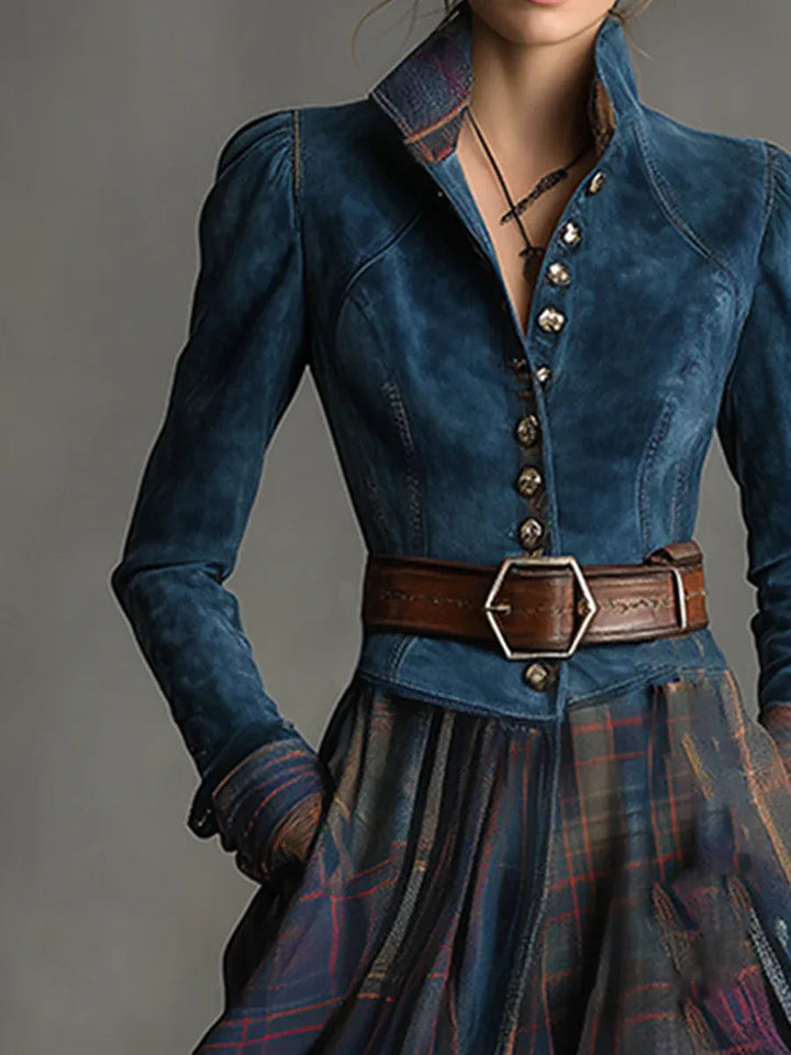 Vintage Damen Maxikleid, tailliert mit fließendem Tartanrock. Perfekt als Freizeit- oder Herbstkleid.