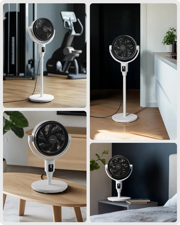 Eleganter Standventilator für Wohnzimmer, bietet leise Kühlung und angenehme Luftzirkulation im Sommer.