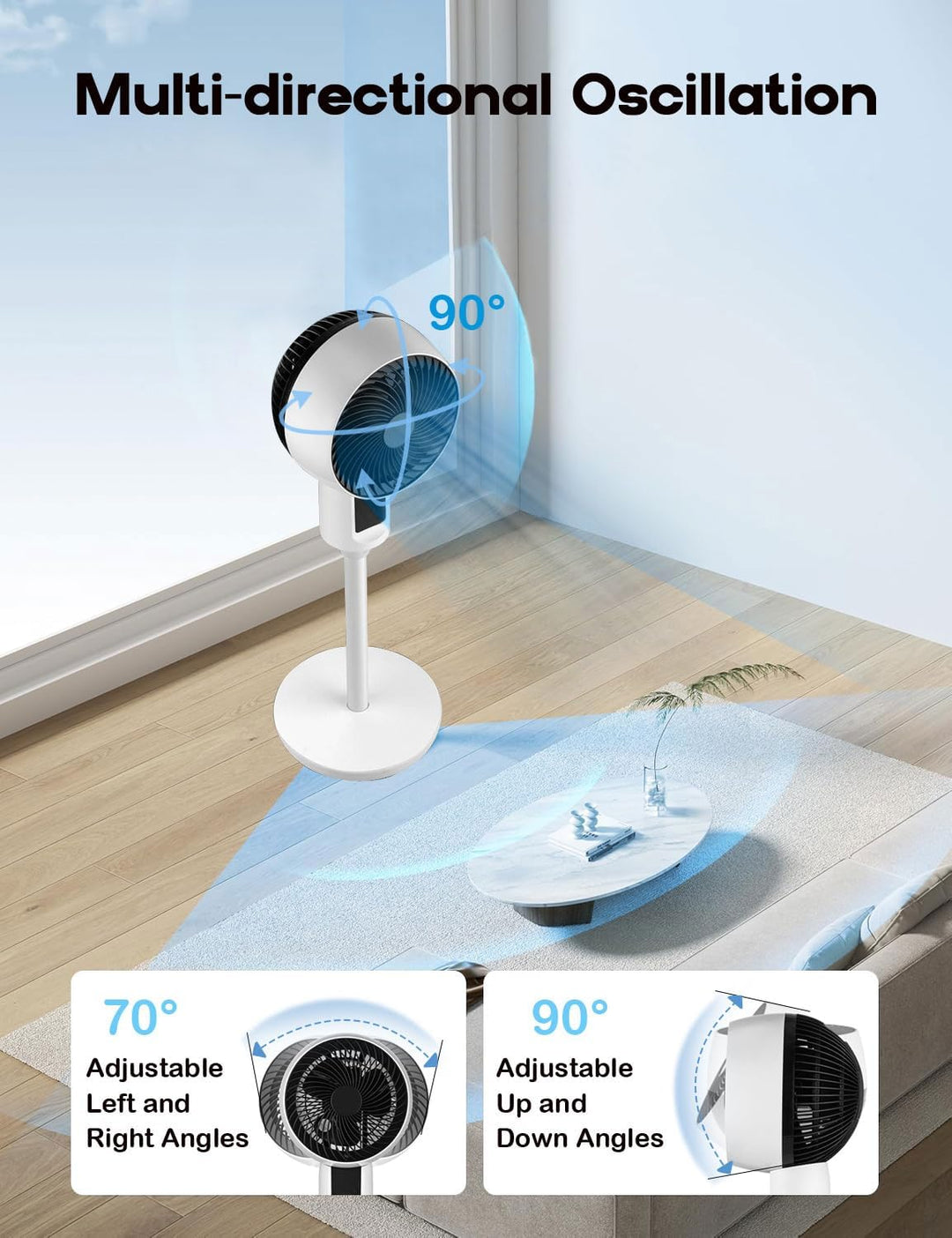 Detailansicht des leisen Standventilators, zeigt schlankes Design und stabiles Fußkreuz.