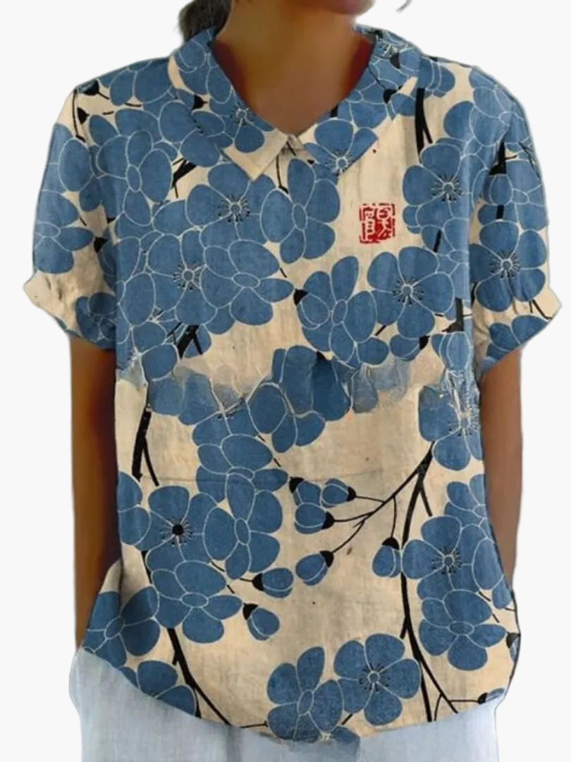 Stylische Damenbluse für Büro & Freizeit: Vintage-Stil, Blumenmuster, Kragen & bequemer Kurzarm-Schnitt.