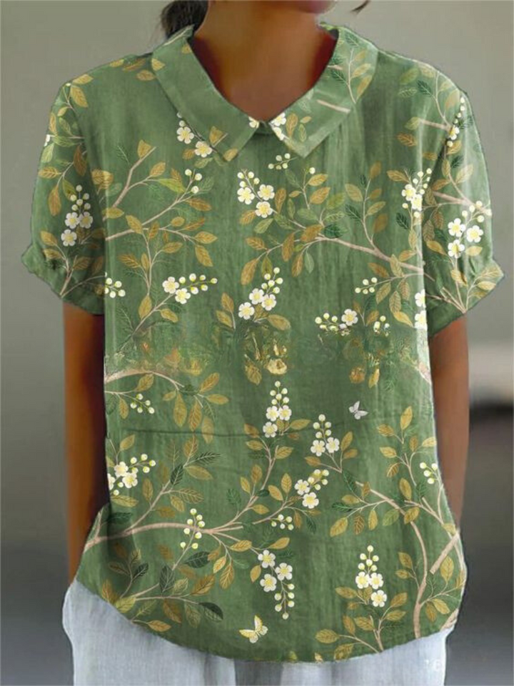 Schicke Damen Kurzarmbluse mit Blumenmuster & Kragen; ideal für den Sommer; verleiht jedem Outfit Eleganz.