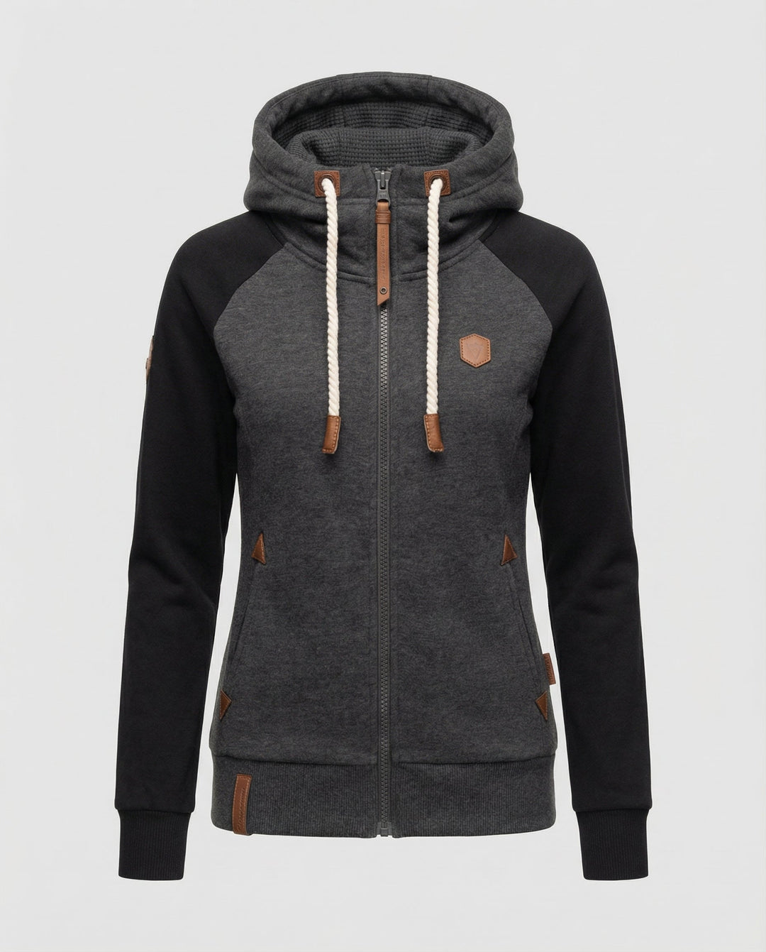 Bequeme Damen Zip Hoodie Sweatjacke, zweifarbiges Design, ideal als legere Übergangsjacke für gemütliche Freizeitmomente.